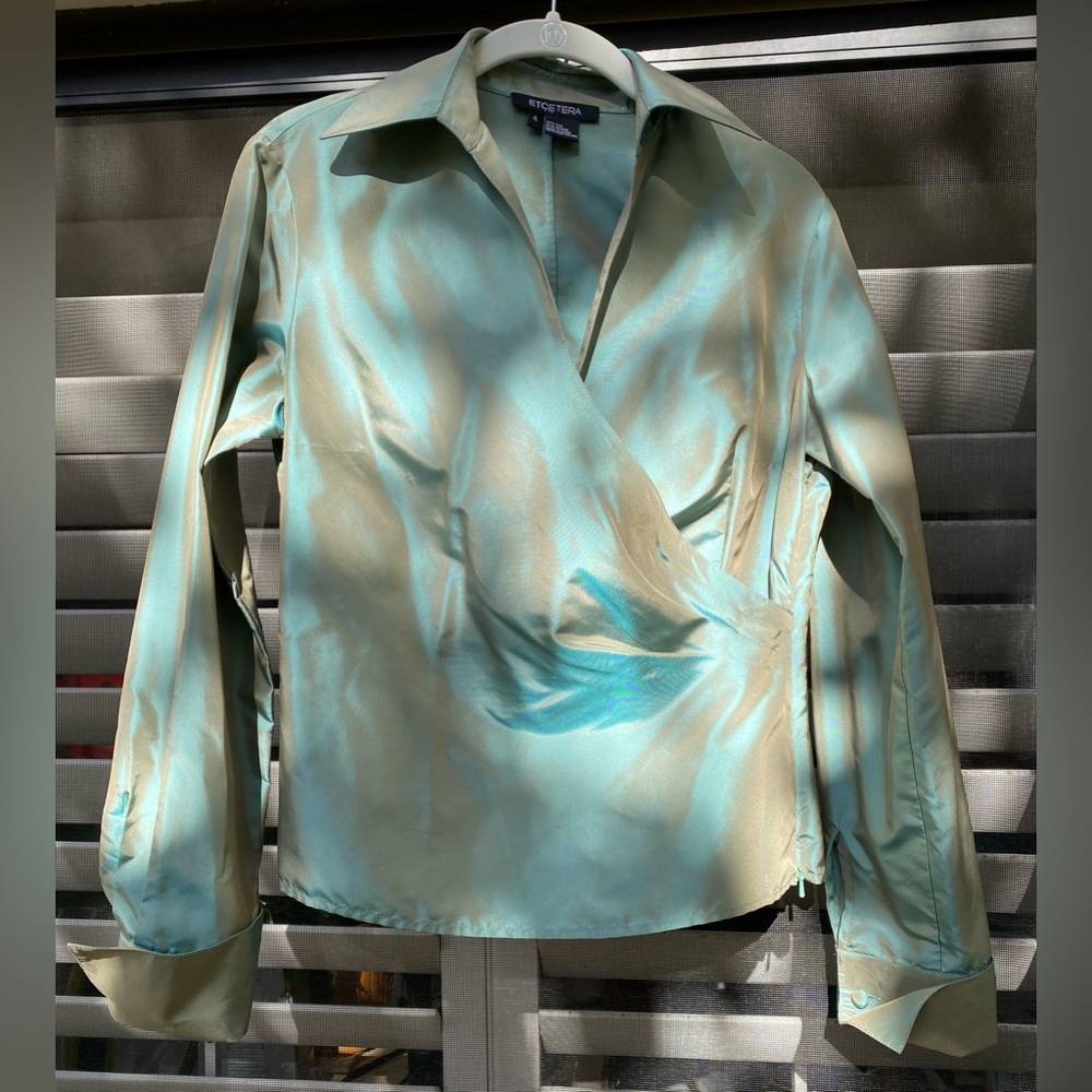 Etcetera Aqua and Light Teal Wrap Blouse